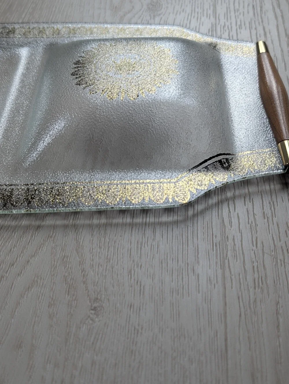 Vintage Georges Briard Glass Tray, Teak Handles, Gold & Brown Design.